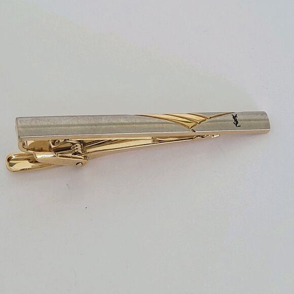 YSL Yves Saint Laurent Tie Bar Clip Clasp Gold Silver Tone 2in Logo Vintage - Picture 1 of 6